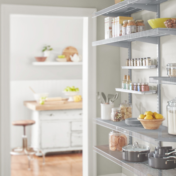 Wire Shelving in a kitchen pantry.