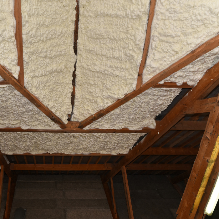 Spray foam insulation installed in an attic.