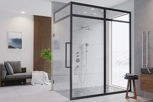 Semi-frameless hinged glass door installed by All Tech Insulation, featuring a modern design and clear visibility