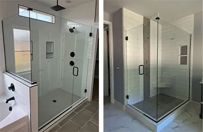 Hinged Shower Door Close-up: Close-up of a hinged shower door's durable hinges and seamless glass panel, showcasing premium quality and modern design for an upscale bathroom experience.